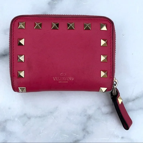Valentino Rockstud hot pink mini leather zip wallet